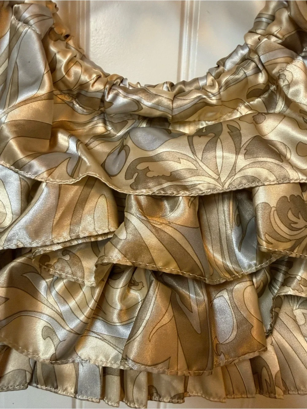 Kathy Van Zeeland Ruffled Satin Tote in Gold and Silver Tones